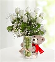 Cam Vazoda Ayıcıklı Beyaz Güller - 780,00 TL